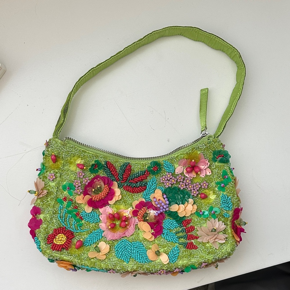 Floral Embellished Green Handbag